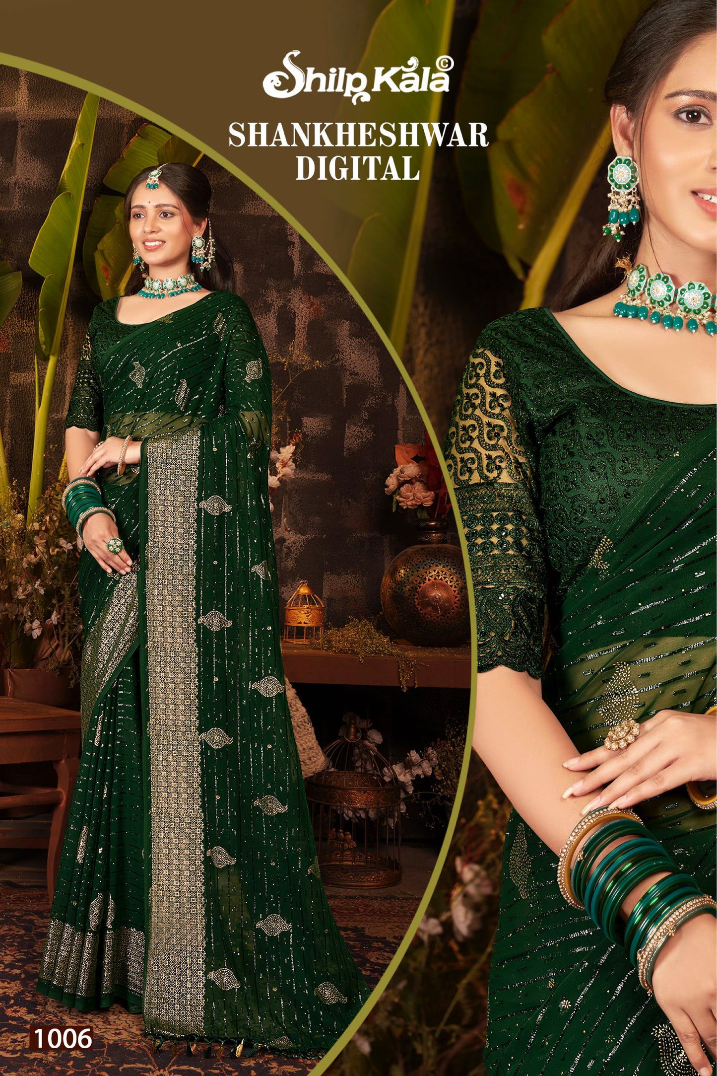 Sankheshwar Multicolour Fancy Rimjhim Saree with Net Blouse and Tone to Tone Matching