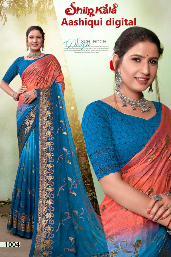 Aashiqui Blue Peach Fancy Fabric Saree with Chanderi Blouse