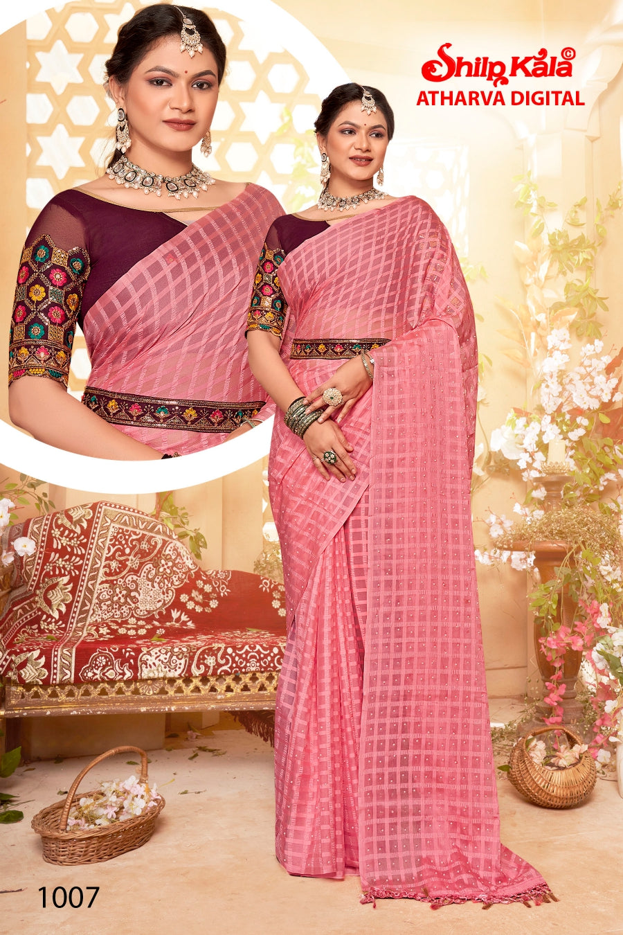 Atharva Shilpkala Fashions Premium Chiffon Saree with Belt and Contrast Matching