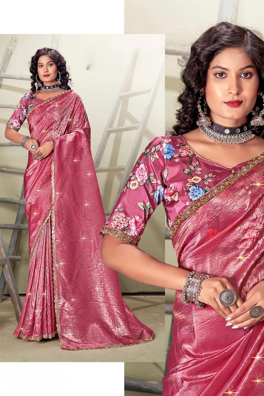 Bandhan  Jimmy Choo Saree with Tone to Tone Digital Printed Shifli Blouse.