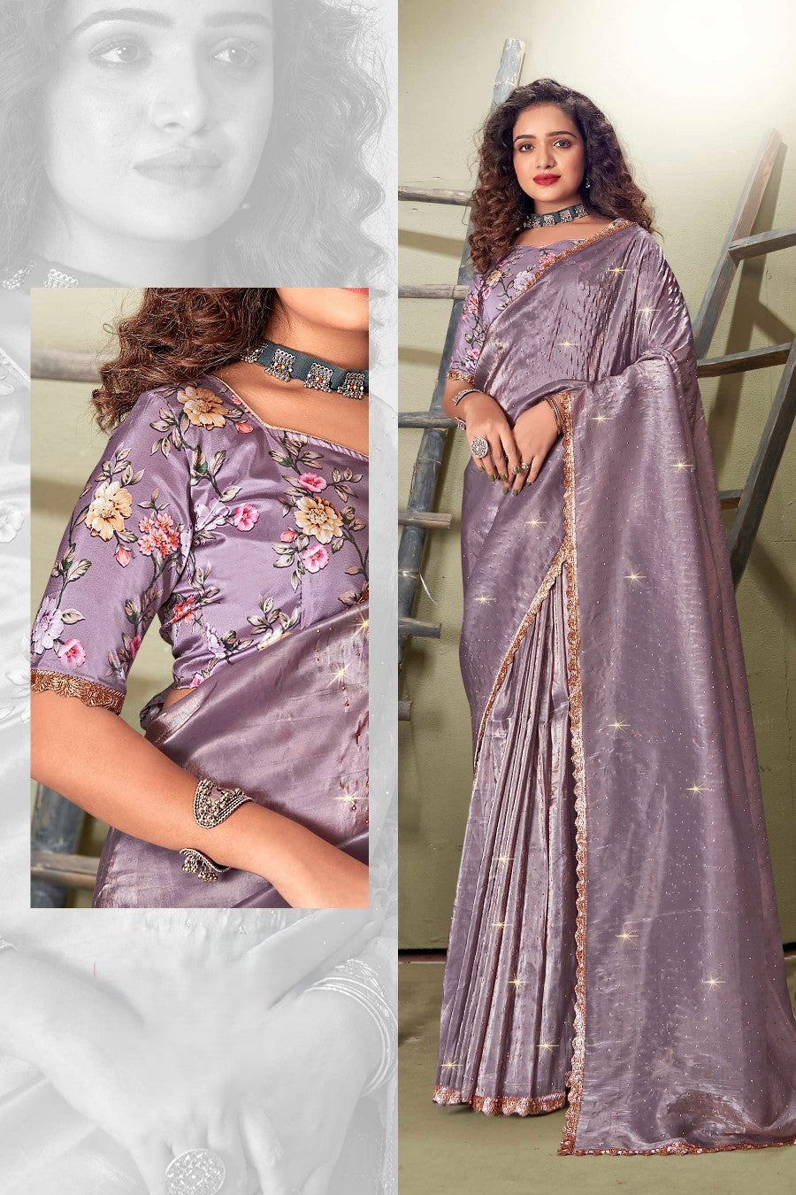 Bandhan  Jimmy Choo Saree with Tone to Tone Digital Printed Shifli Blouse.