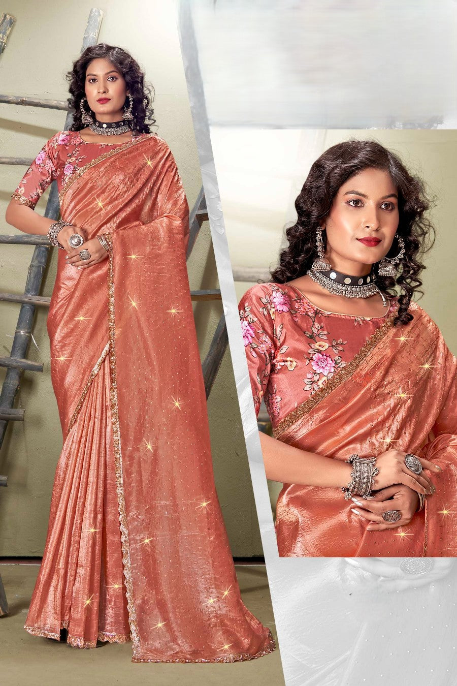 Bandhan  Jimmy Choo Saree with Tone to Tone Digital Printed Shifli Blouse.