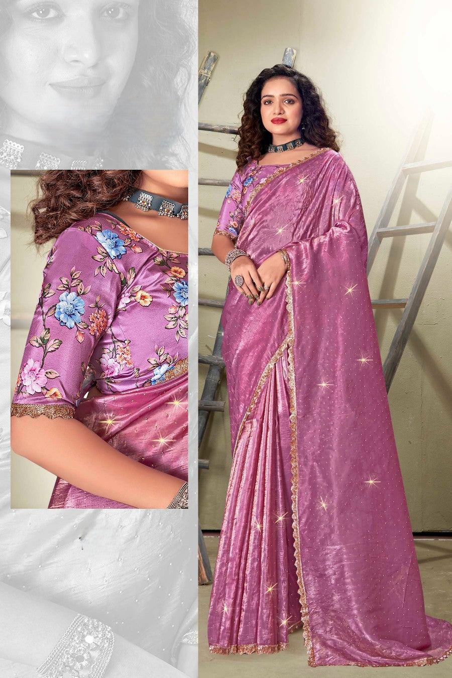 Bandhan  Jimmy Choo Saree with Tone to Tone Digital Printed Shifli Blouse.