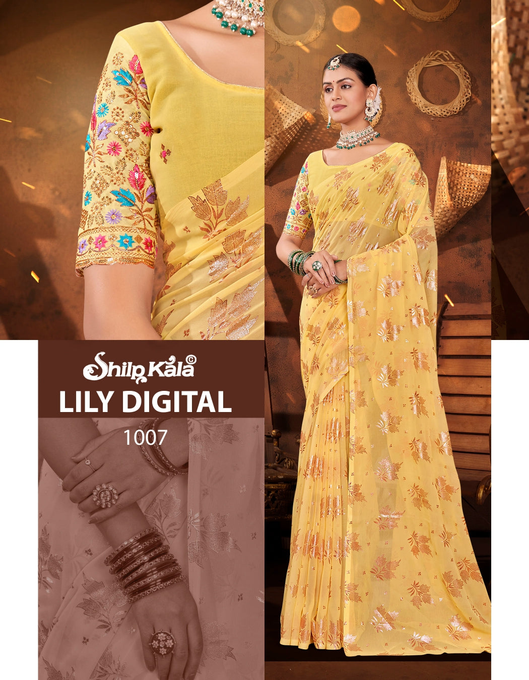 Lily  Multicolour Saree with Georgette Fabric And Gold Foil printing with Fancy Work Blouse
