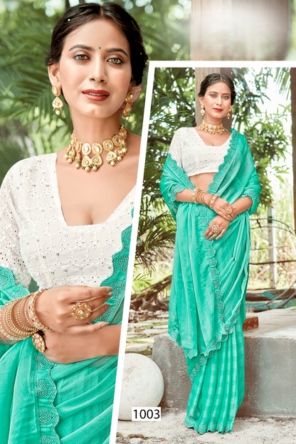 Namskaram Sea Green Moss Rimjhim Jari Patta Saree With White Net Blouse And Jhalar.