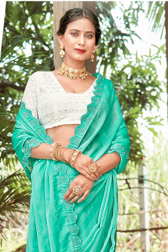 Namskaram Sea Green Moss Rimjhim Jari Patta Saree With White Net Blouse And Jhalar.