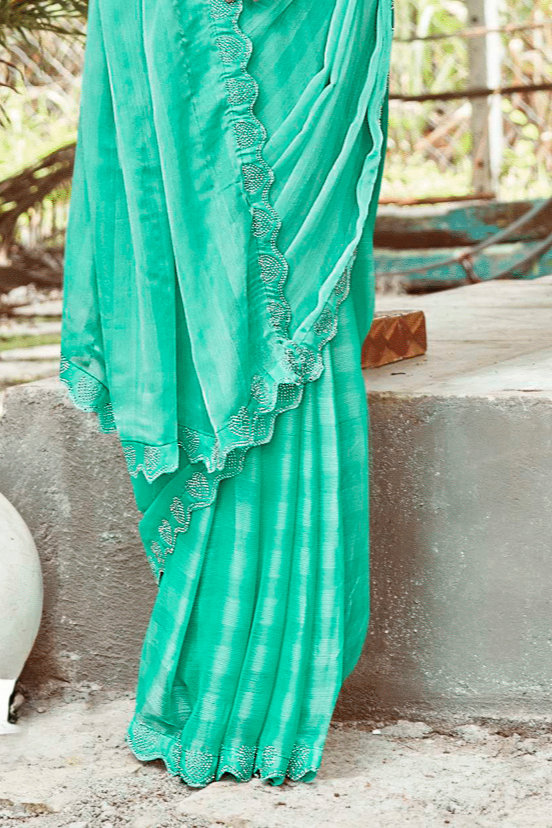 Namskaram Sea Green Moss Rimjhim Jari Patta Saree With White Net Blouse And Jhalar.