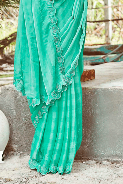 Namskaram Sea Green Moss Rimjhim Jari Patta Saree With White Net Blouse And Jhalar.