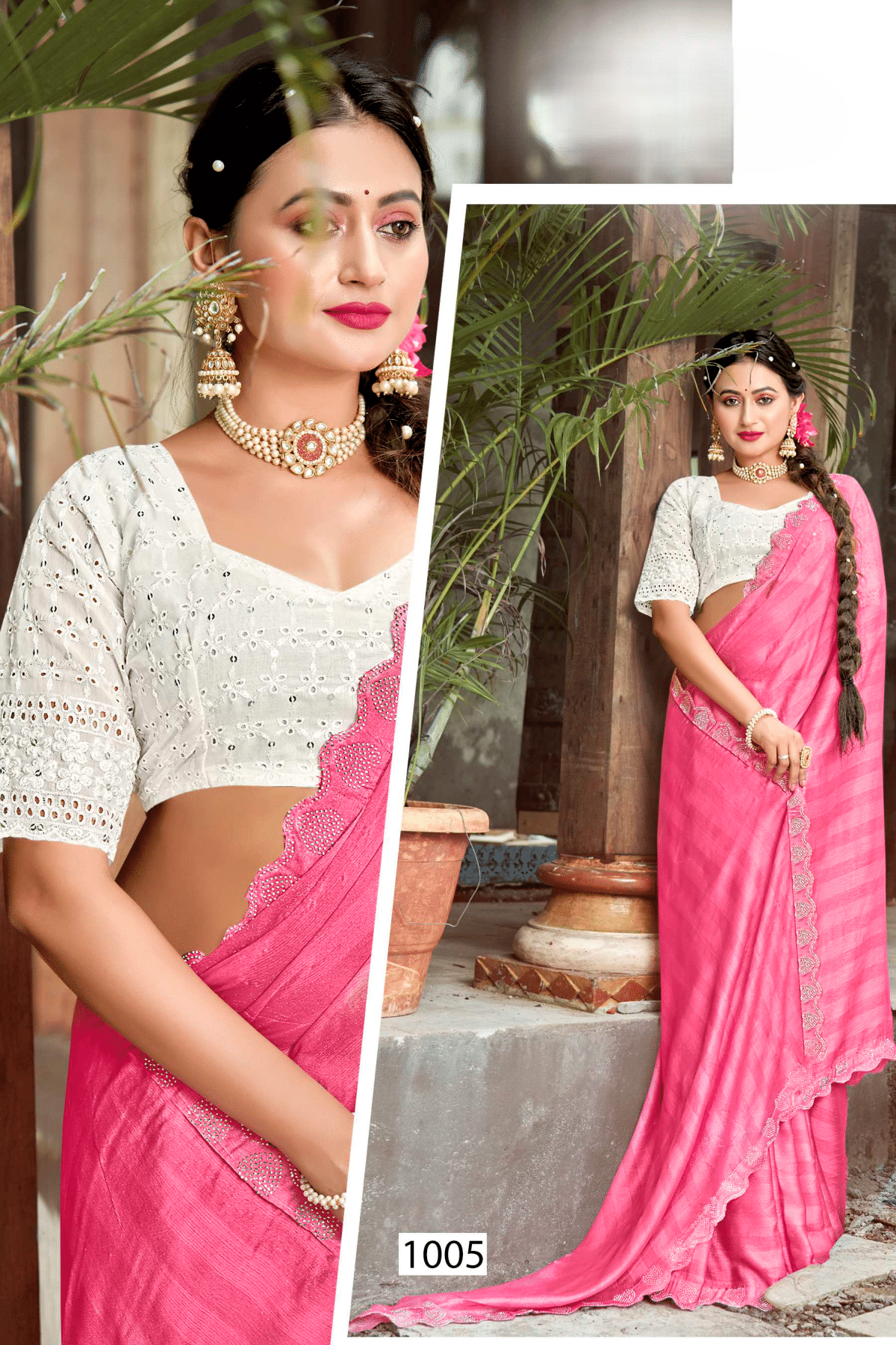 Namskaram Pink Moss Rimjhim Jari Patta Saree With White Net Blouse And Jhalar.