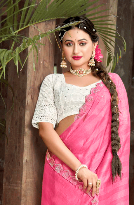 Namskaram Pink Moss Rimjhim Jari Patta Saree With White Net Blouse And Jhalar.