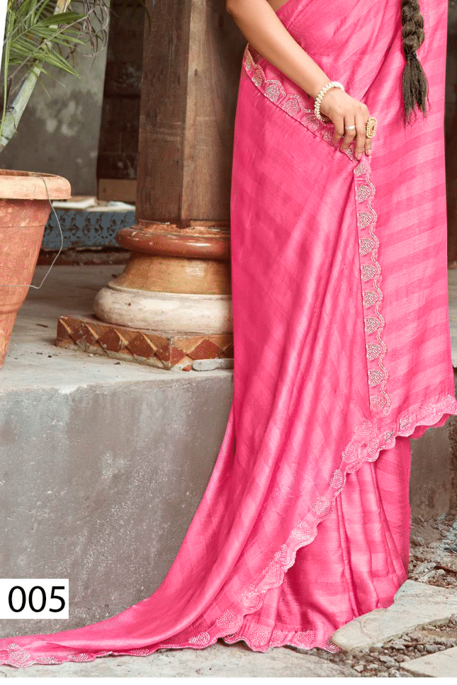 Namskaram Pink Moss Rimjhim Jari Patta Saree With White Net Blouse And Jhalar.