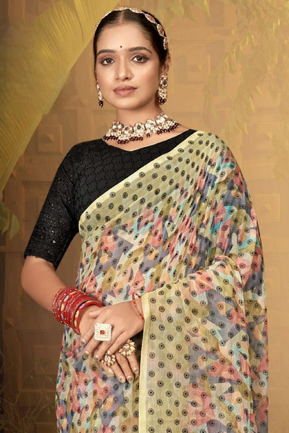 Narayani Multicolour Printed Saree with Black Contrasting Chanderi Blouse (8 Colours Available).