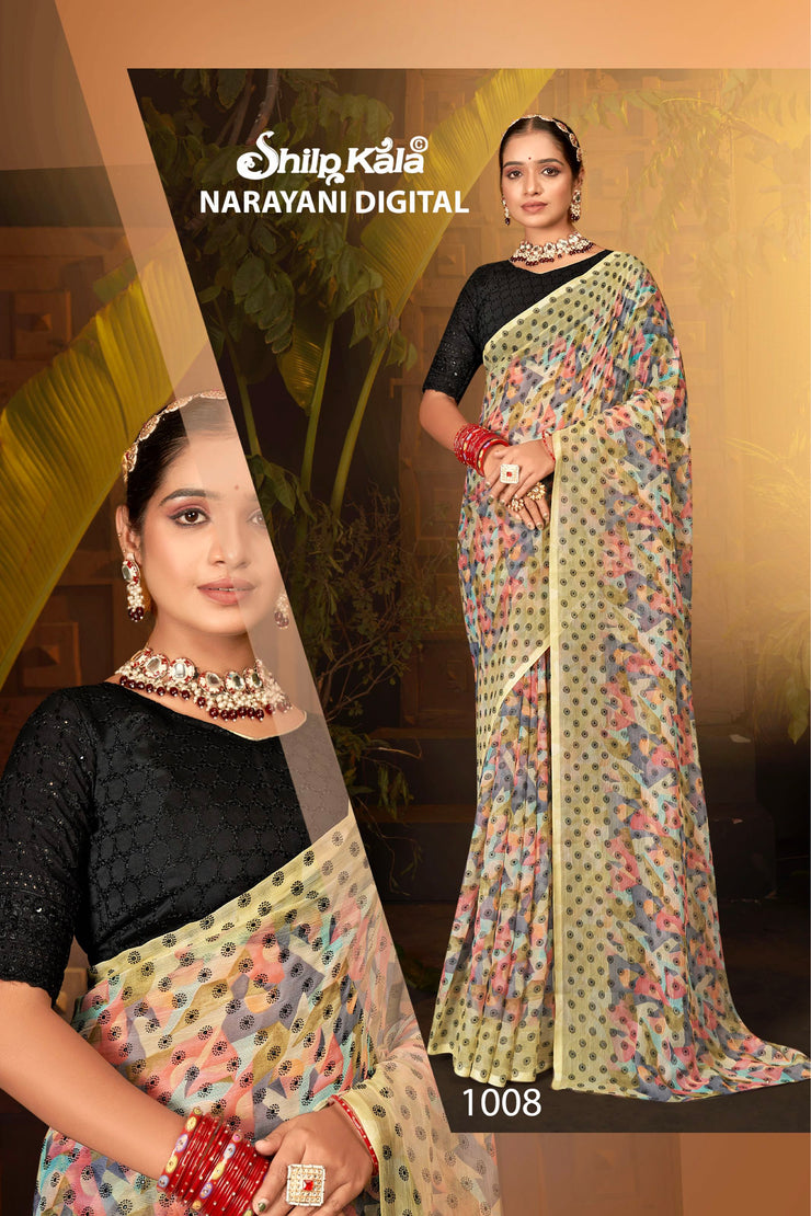 Narayani Multicolour Printed Saree with Black Contrasting Chanderi Blouse (8 Colours Available).