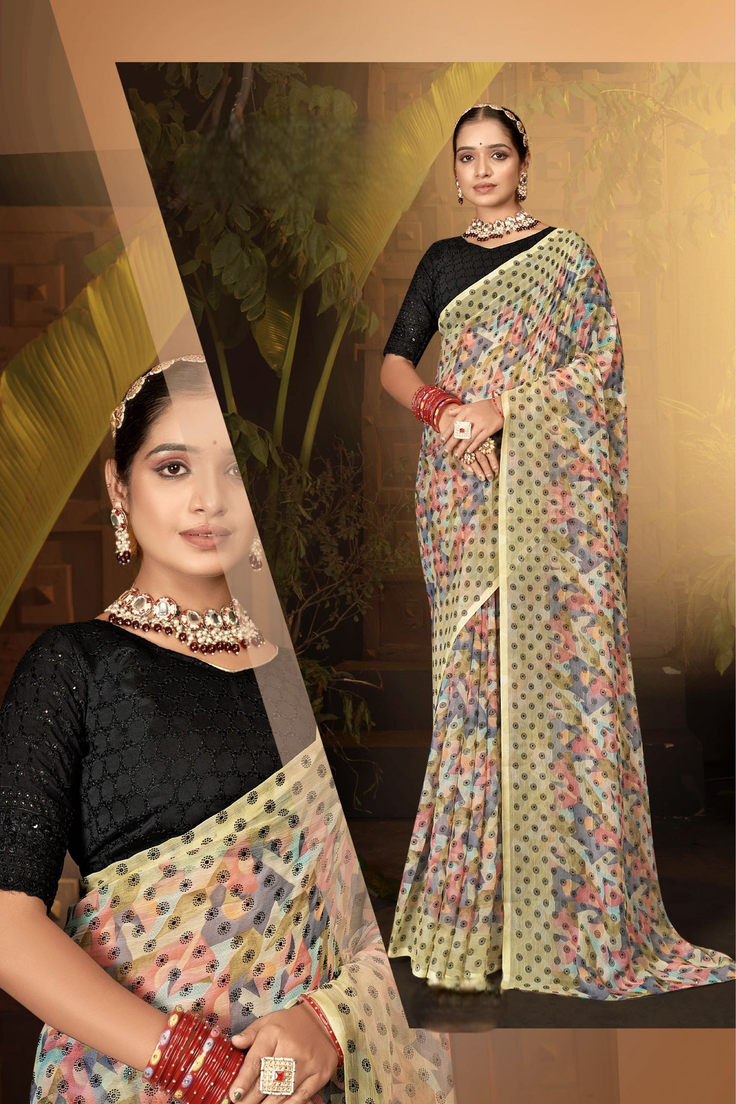 Narayani Multicolour Printed Saree with Black Contrasting Chanderi Blouse (8 Colours Available).