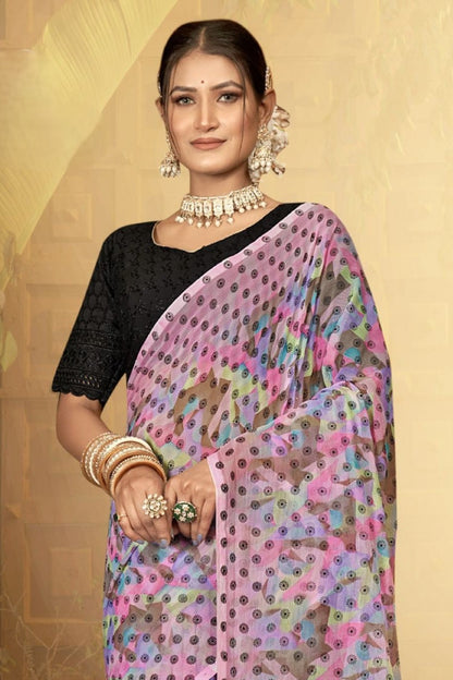 Narayani Multicolour Printed Saree with Black Contrasting Chanderi Blouse (8 Colours Available).