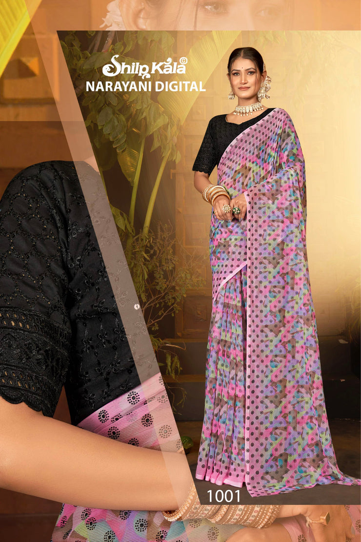 Narayani Multicolour Printed Saree with Black Contrasting Chanderi Blouse (8 Colours Available).