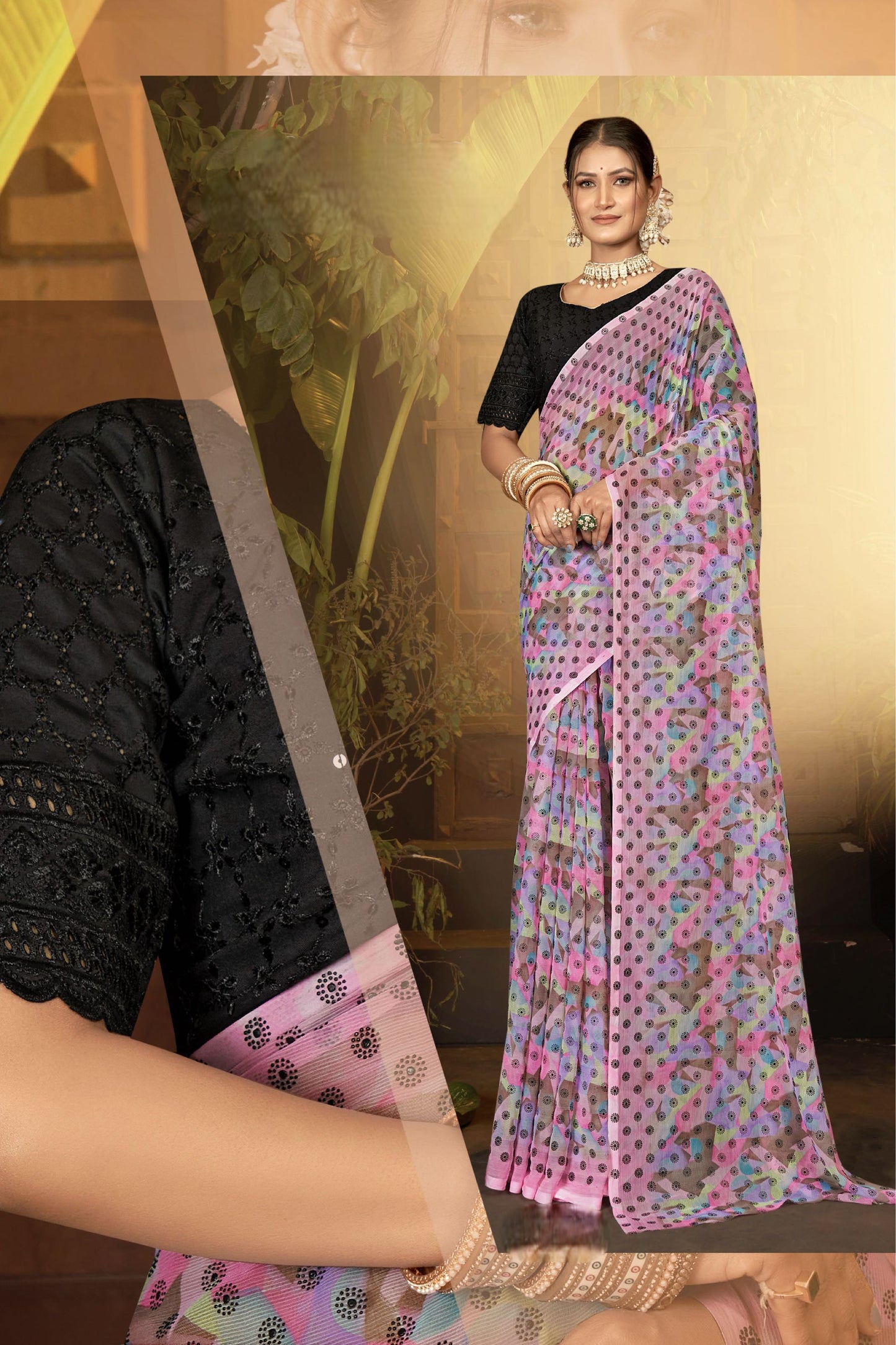 Narayani Multicolour Printed Saree with Black Contrasting Chanderi Blouse (8 Colours Available).