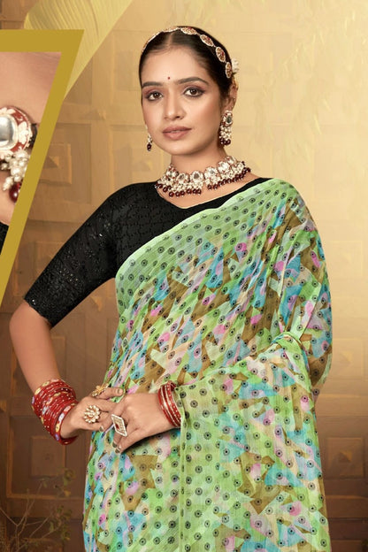 Narayani Multicolour Printed Saree with Black Contrasting Chanderi Blouse (8 Colours Available).