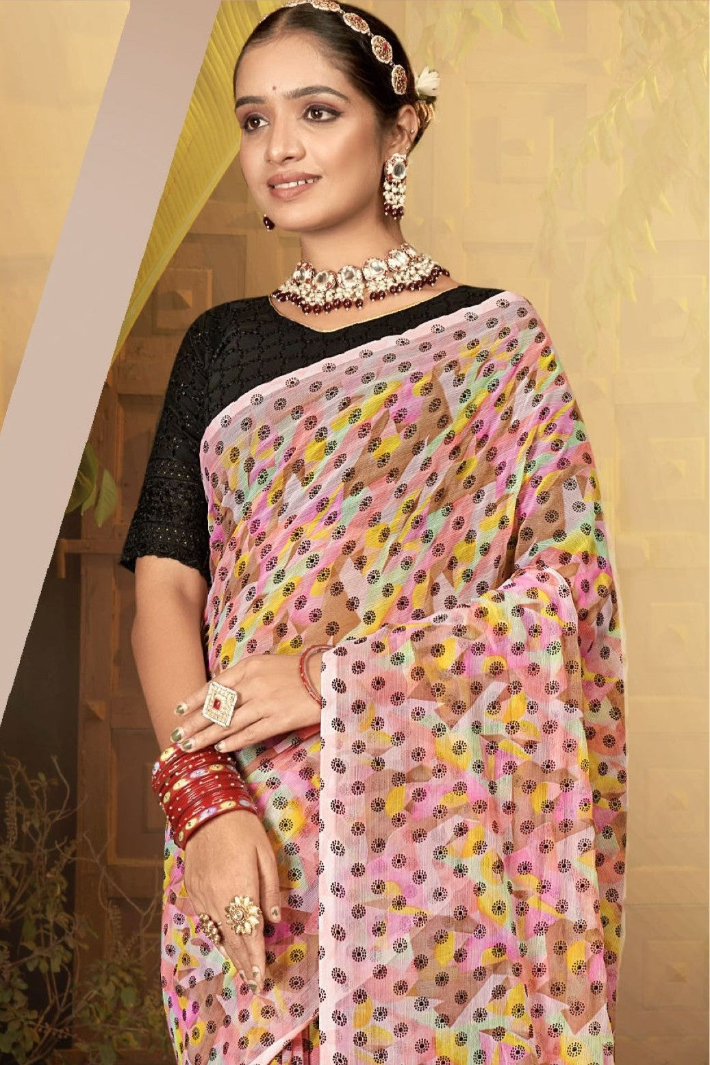 Narayani Multicolour Printed Saree with Black Contrasting Chanderi Blouse (8 Colours Available).