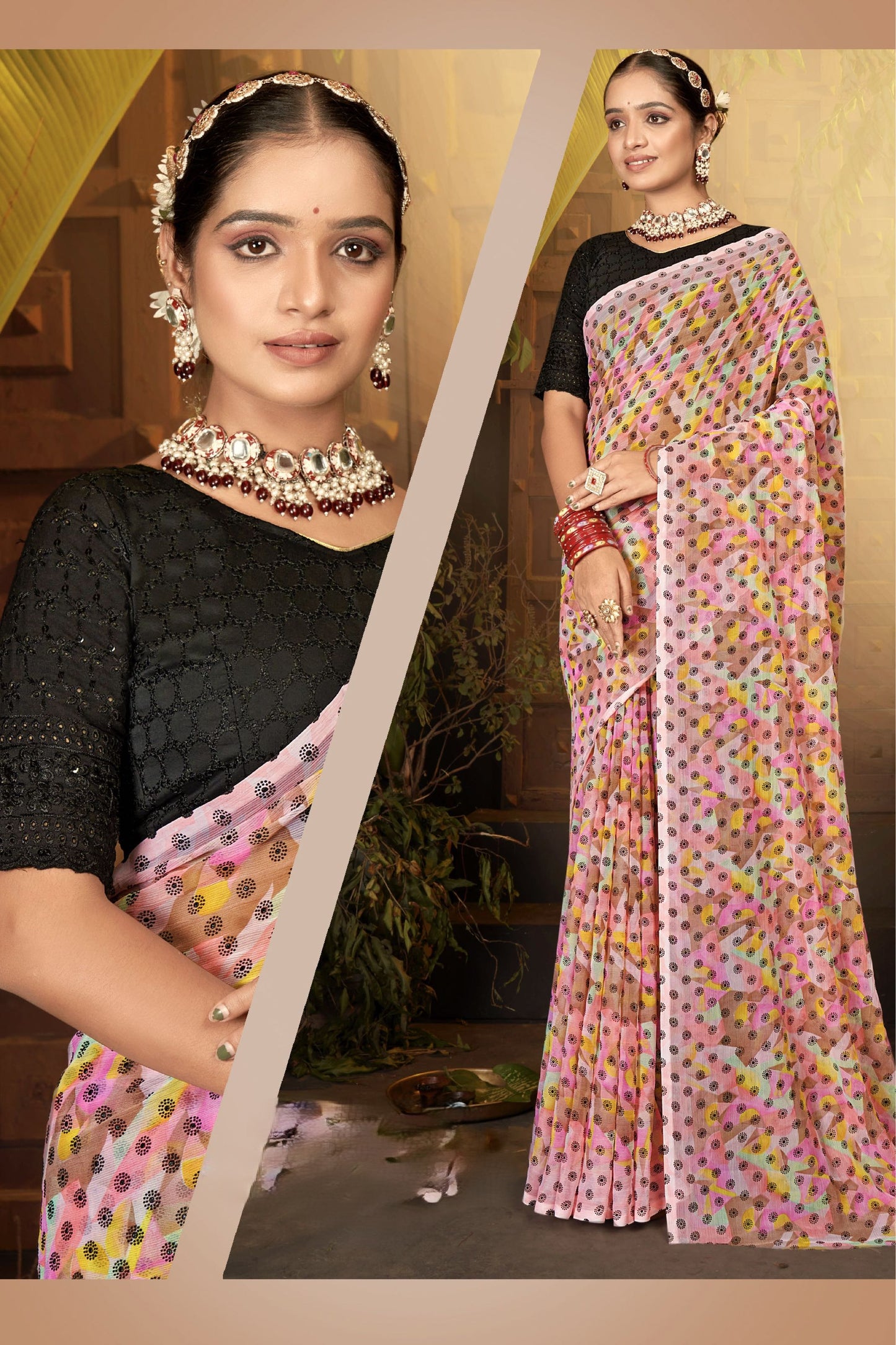 Narayani Multicolour Printed Saree with Black Contrasting Chanderi Blouse (8 Colours Available).