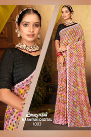 Narayani Multicolour Printed Saree with Black Contrasting Chanderi Blouse (8 Colours Available).