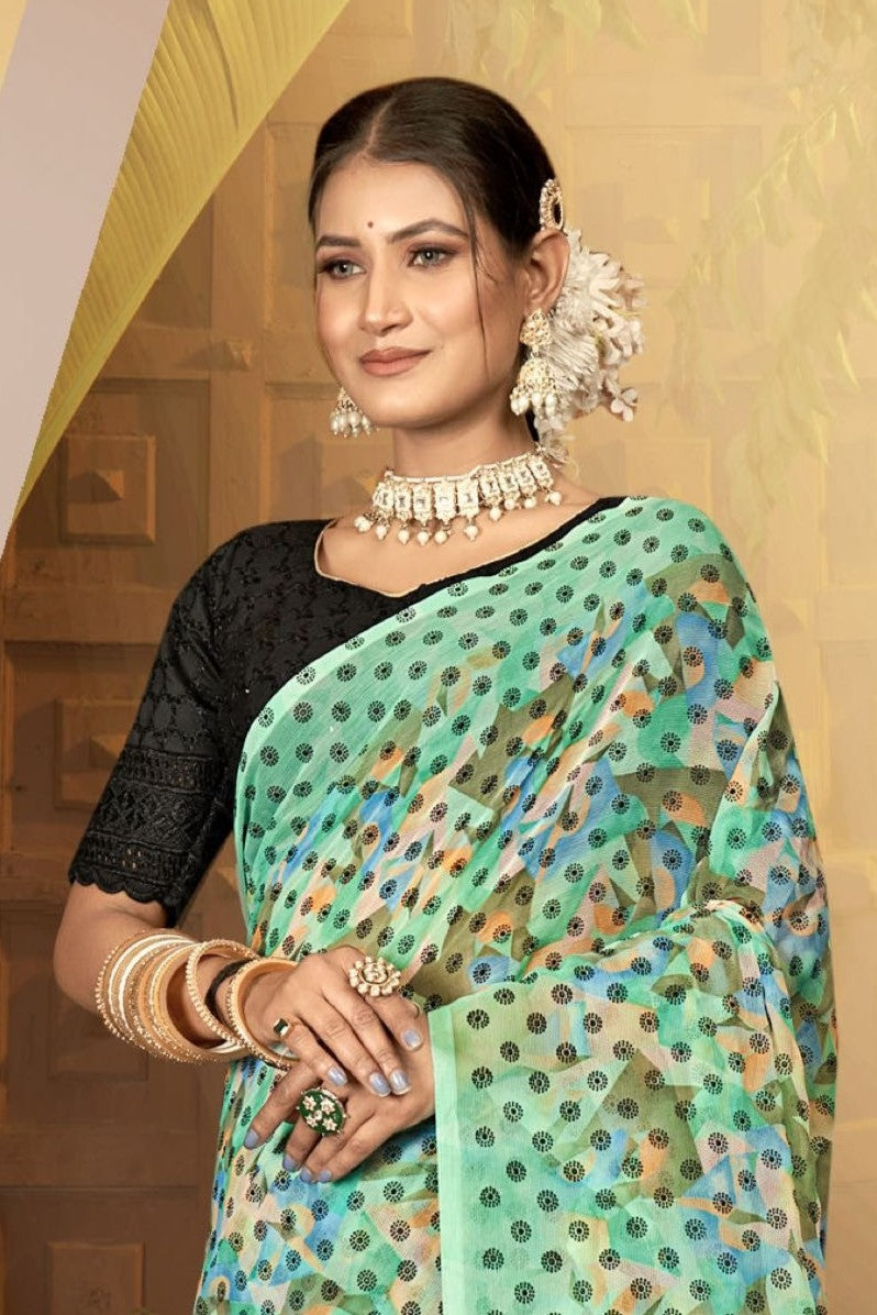 Narayani Multicolour Printed Saree with Black Contrasting Chanderi Blouse (8 Colours Available).