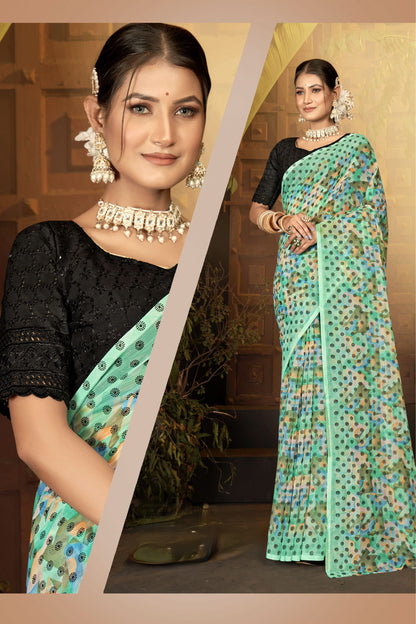 Narayani Multicolour Printed Saree with Black Contrasting Chanderi Blouse (8 Colours Available).