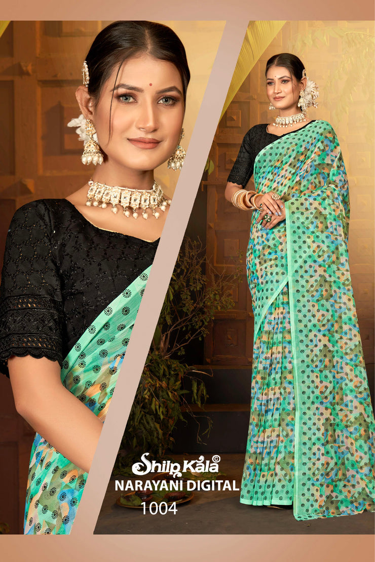 Narayani Multicolour Printed Saree with Black Contrasting Chanderi Blouse (8 Colours Available).