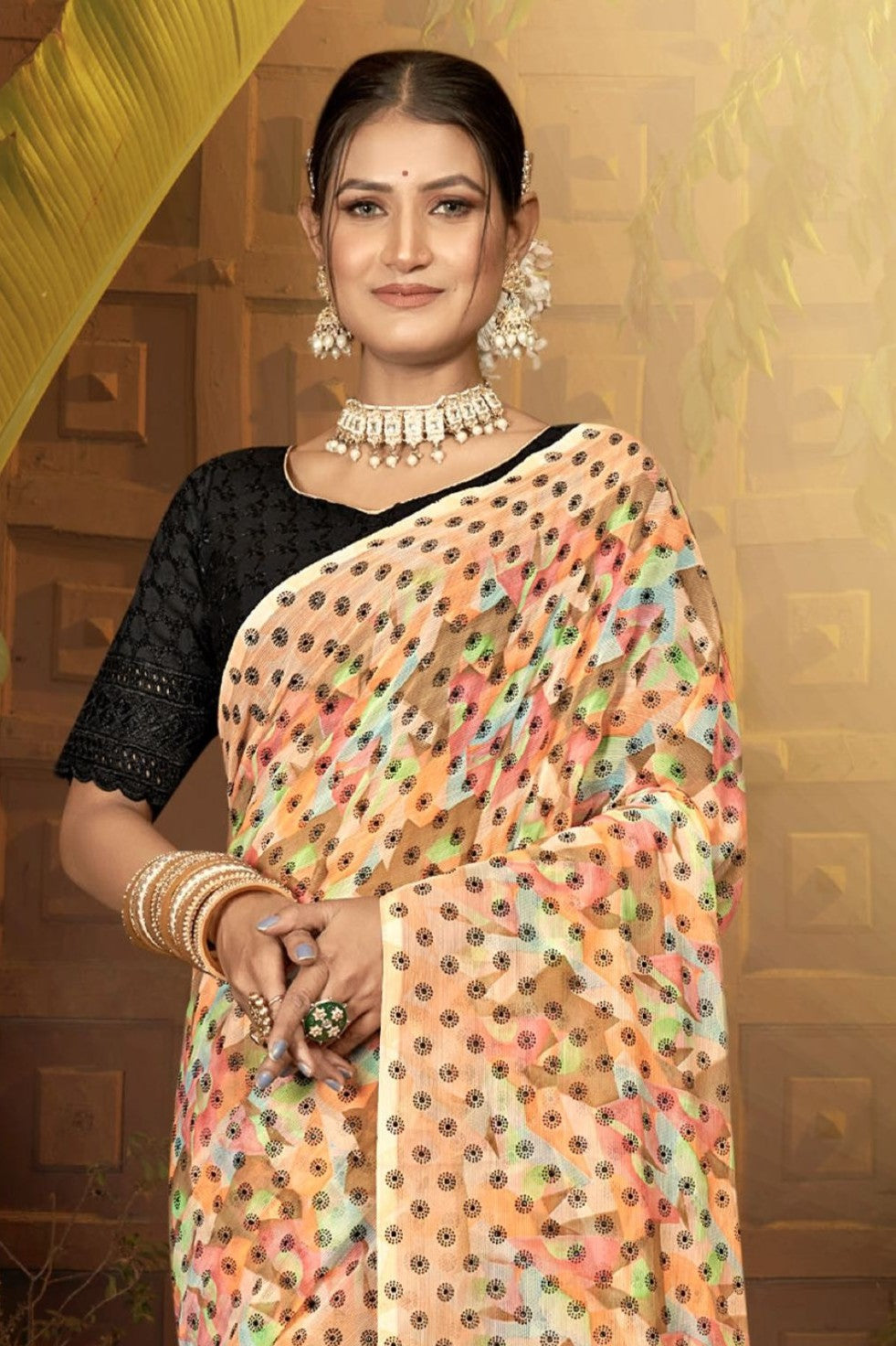 Narayani Multicolour Printed Saree with Black Contrasting Chanderi Blouse (8 Colours Available).