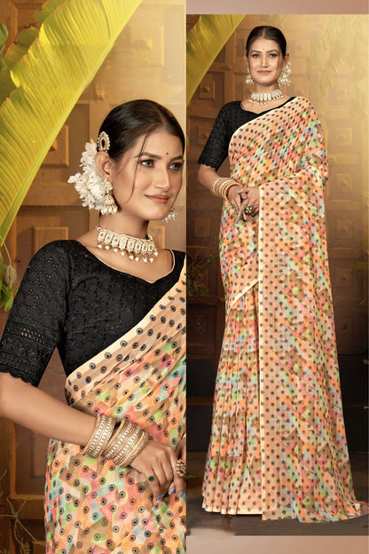 Narayani Multicolour Printed Saree with Black Contrasting Chanderi Blouse (8 Colours Available).