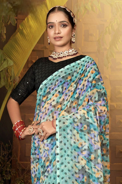 Narayani Multicolour Printed Saree with Black Contrasting Chanderi Blouse (8 Colours Available).