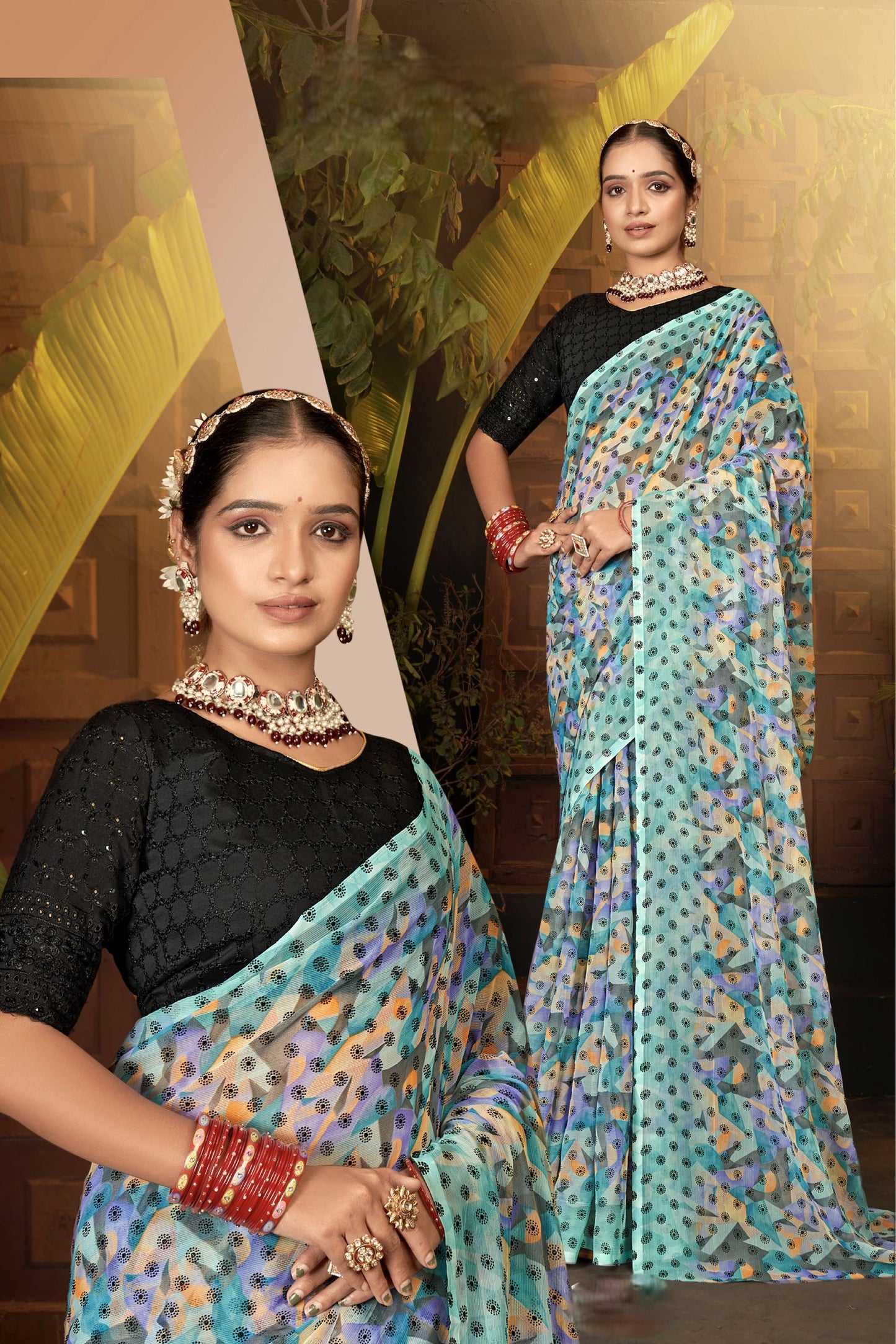 Narayani Multicolour Printed Saree with Black Contrasting Chanderi Blouse (8 Colours Available).