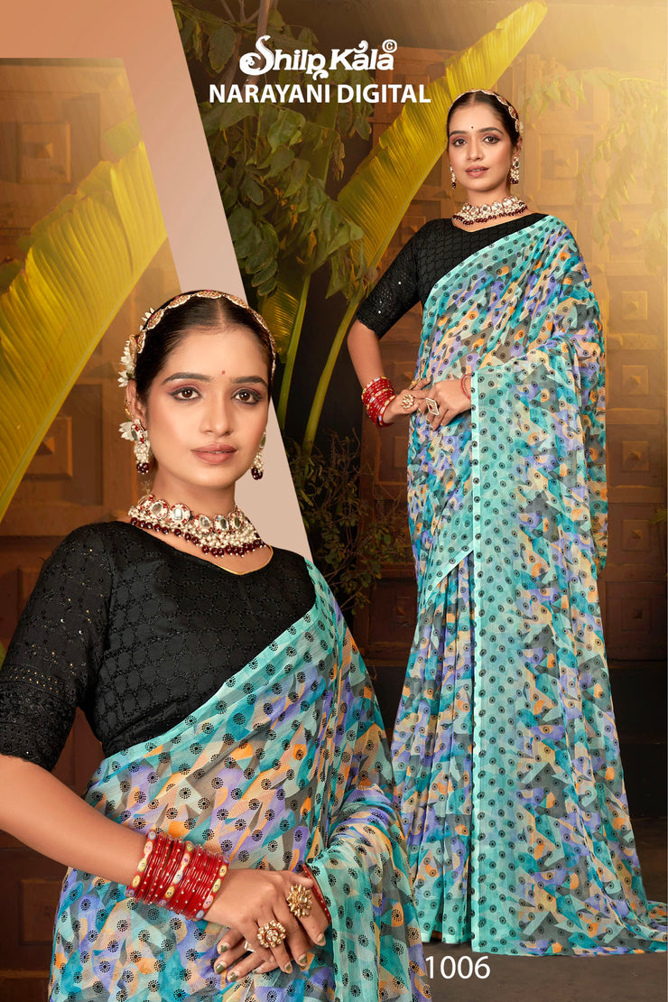 Narayani Multicolour Printed Saree with Black Contrasting Chanderi Blouse (8 Colours Available).