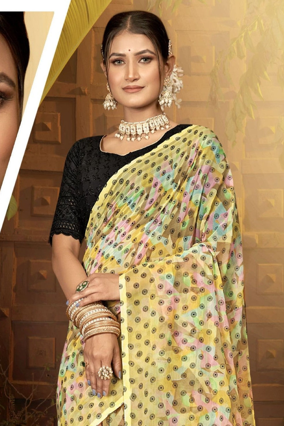 Narayani Multicolour Printed Saree with Black Contrasting Chanderi Blouse (8 Colours Available).