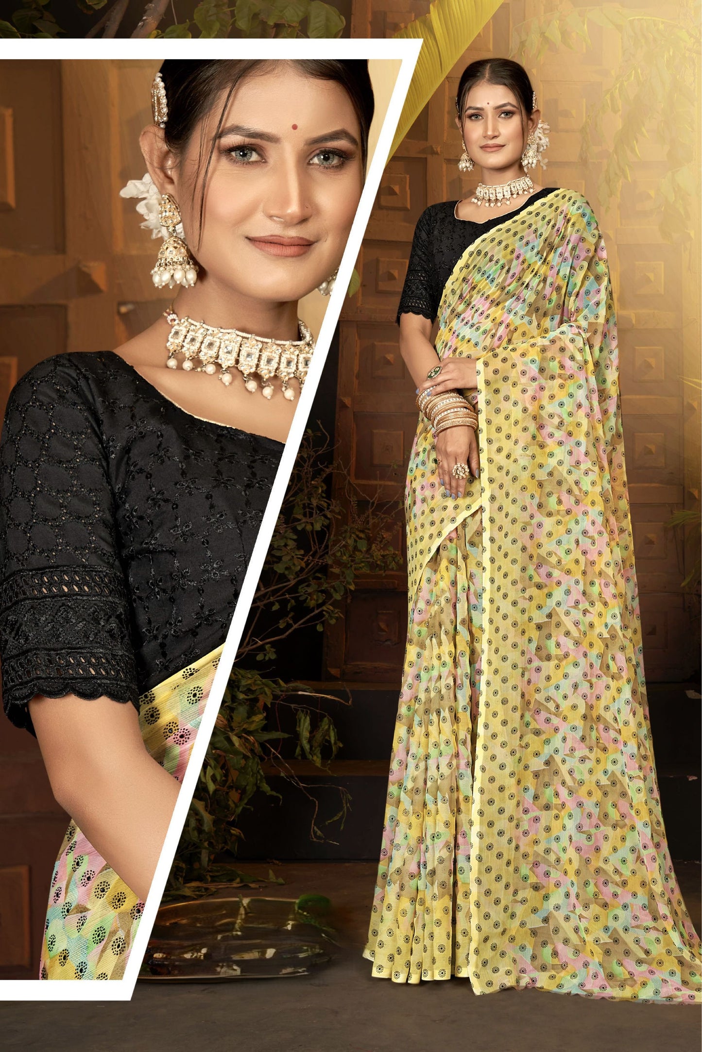 Narayani Multicolour Printed Saree with Black Contrasting Chanderi Blouse (8 Colours Available).