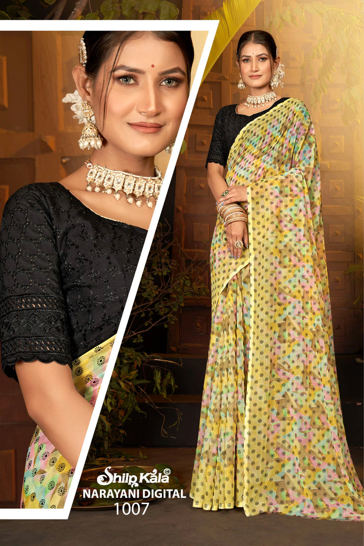 Narayani Multicolour Printed Saree with Black Contrasting Chanderi Blouse (8 Colours Available).