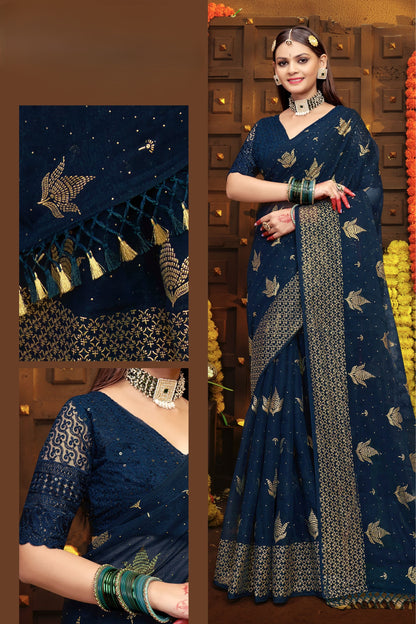 Neem Navy Blue Organza Saree with Digital Printed Shifli Blouse .