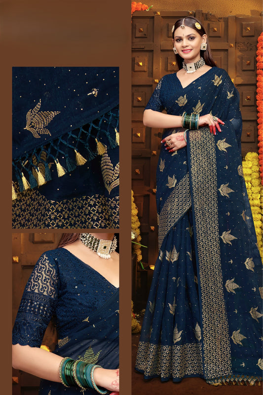 Neem Navy Blue Organza Saree with Digital Printed Shifli Blouse .