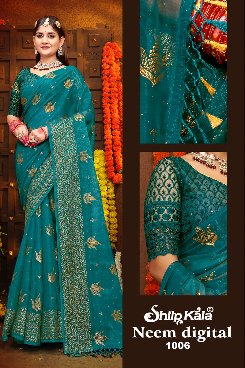 Neem Multicolour Organza Saree with Digital Printed Shifli Blouse (8 Colours Available).