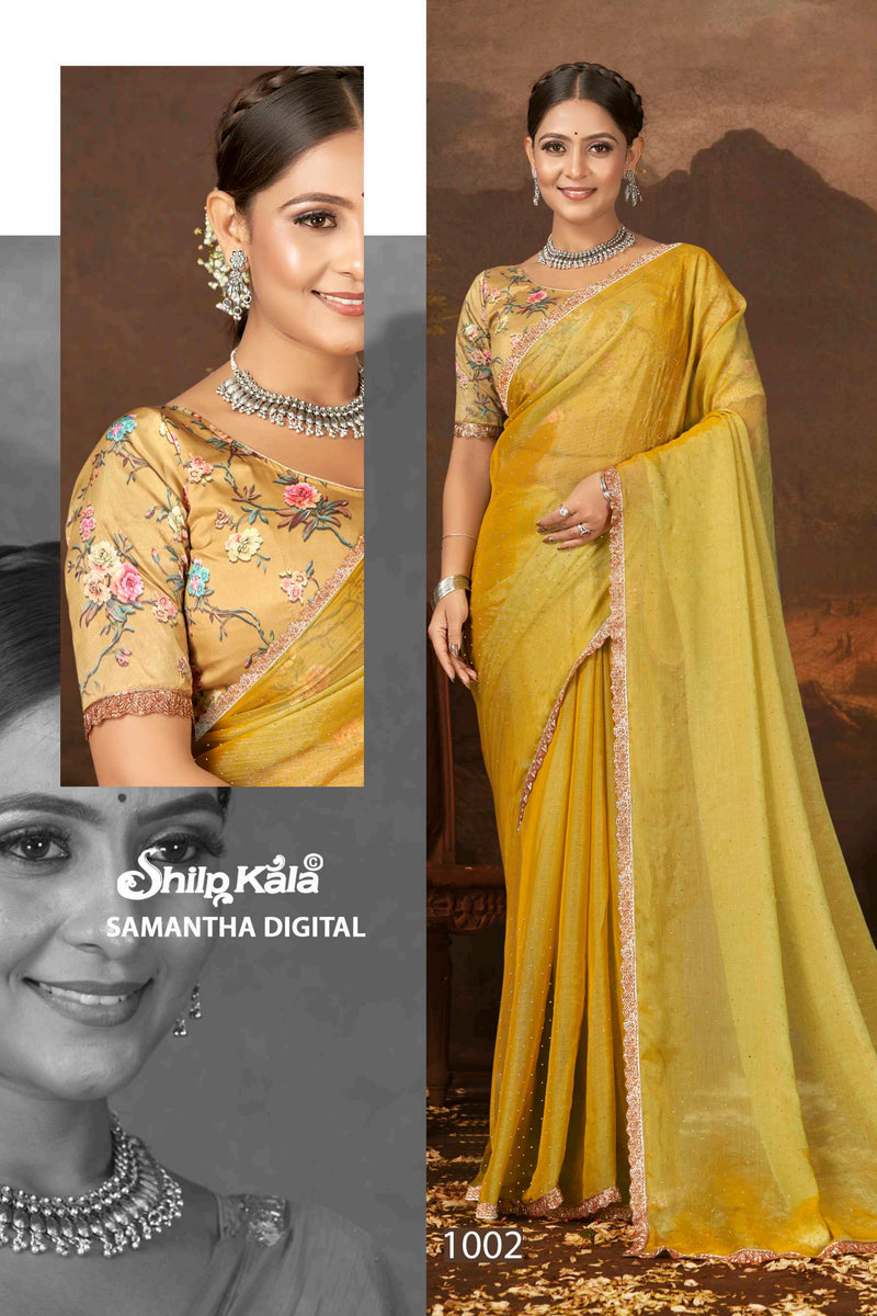 Samantha Nylon Saree with Digital Printed Blouse (8 Colours).