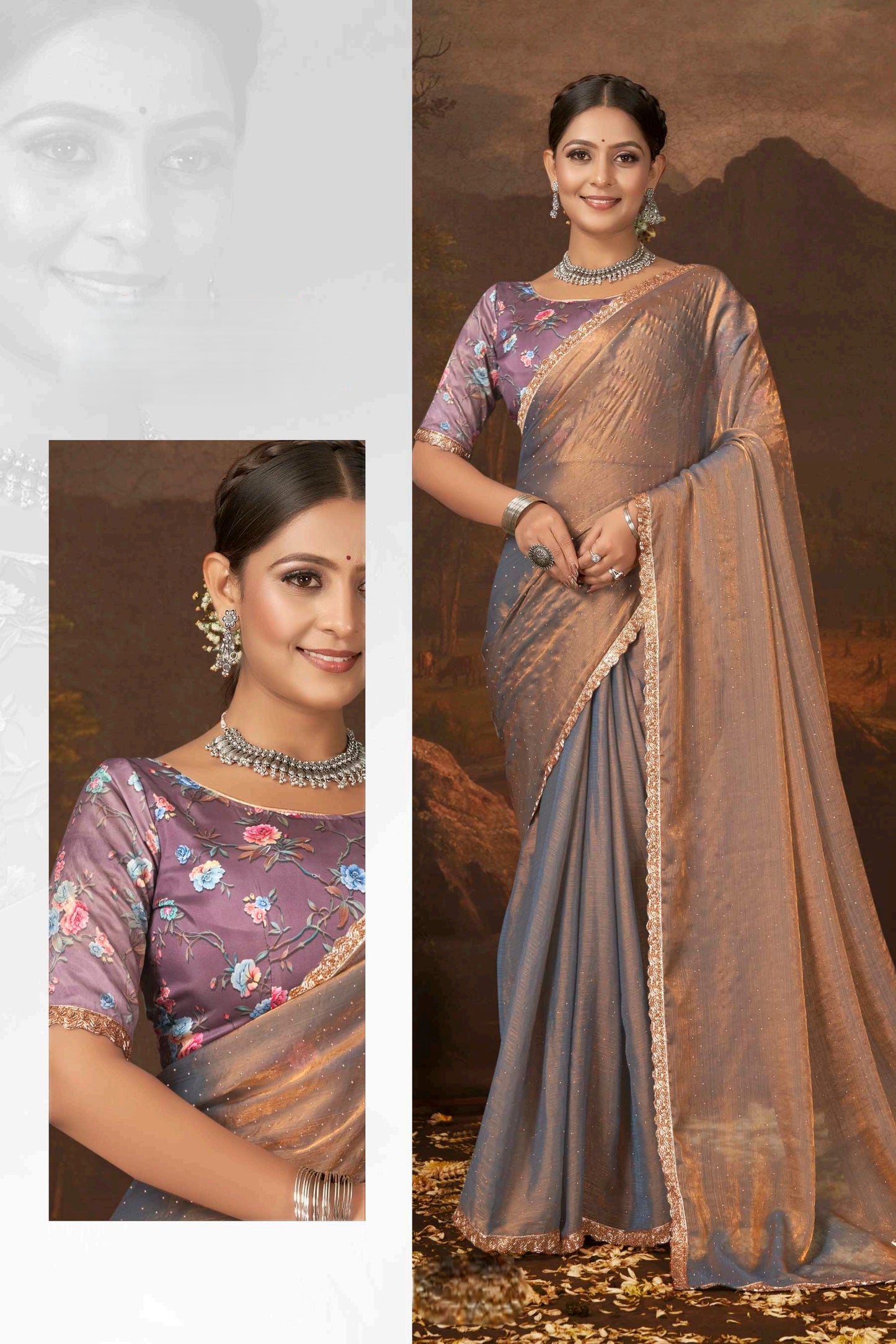 Samantha Nylon Saree with Digital Printed Blouse (8 Colours Available).