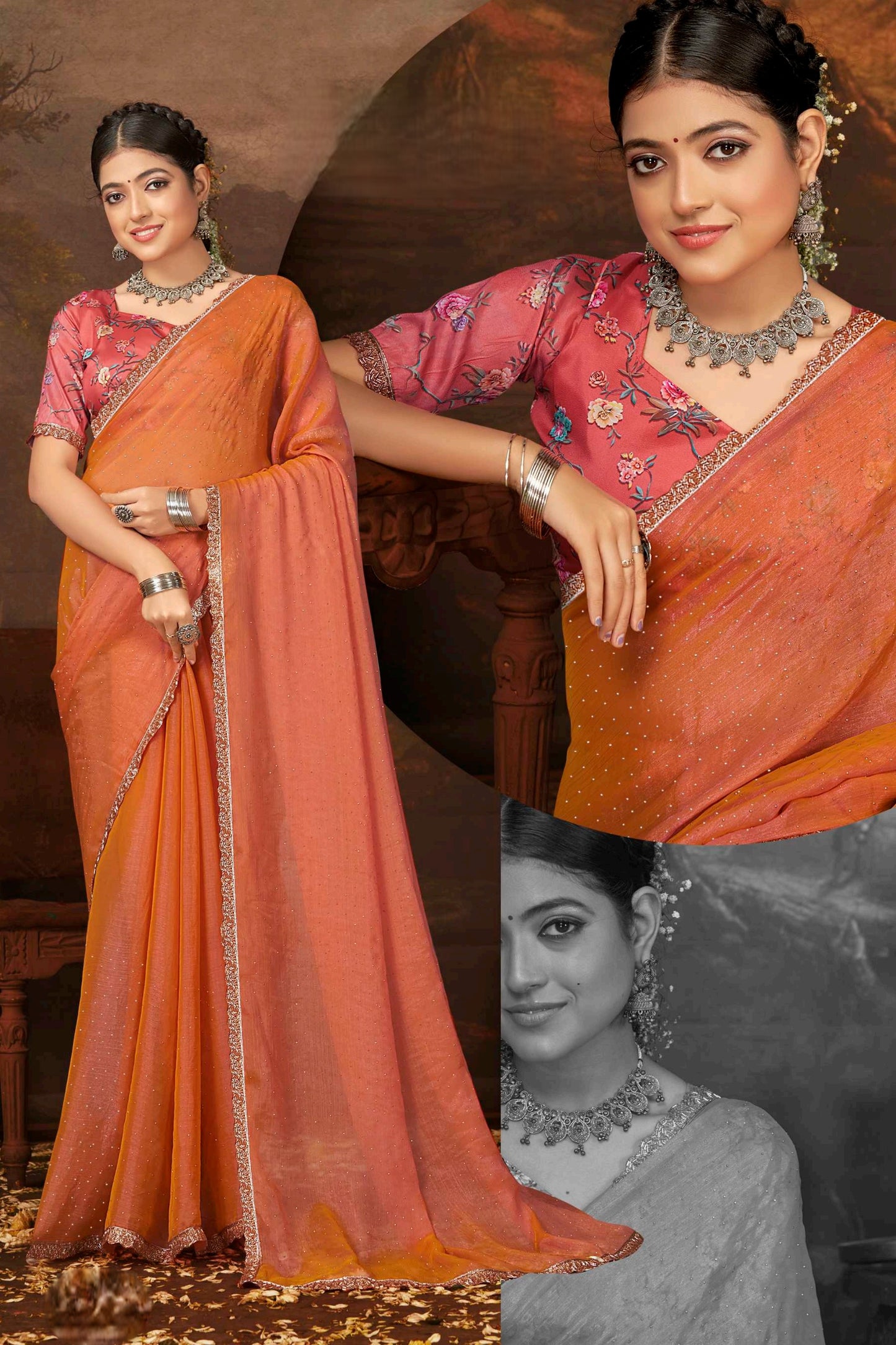 Samantha Nylon Saree with Digital Printed Blouse (8 Colours Available).