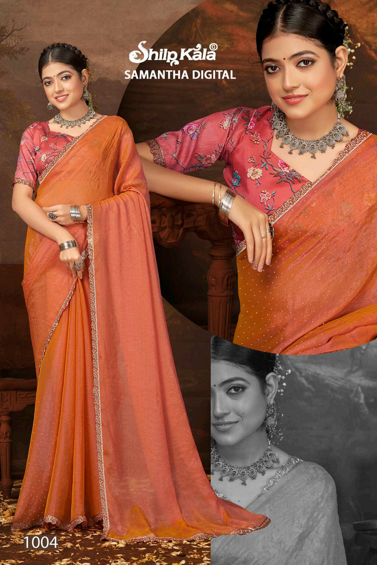 Samantha Nylon Saree with Digital Printed Blouse (8 Colours).