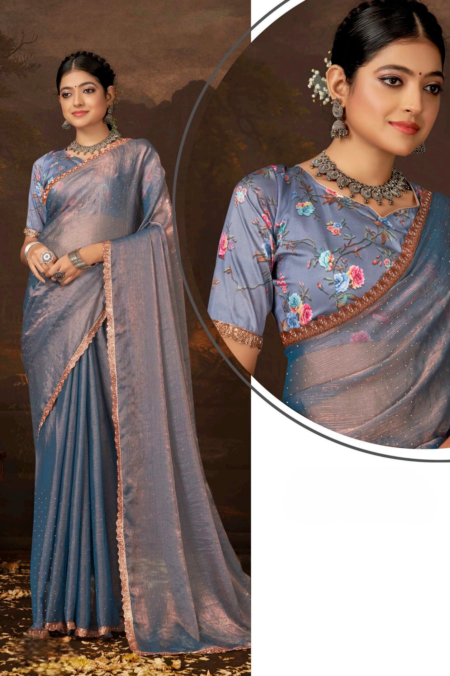 Samantha Nylon Saree with Digital Printed Blouse (8 Colours Available).