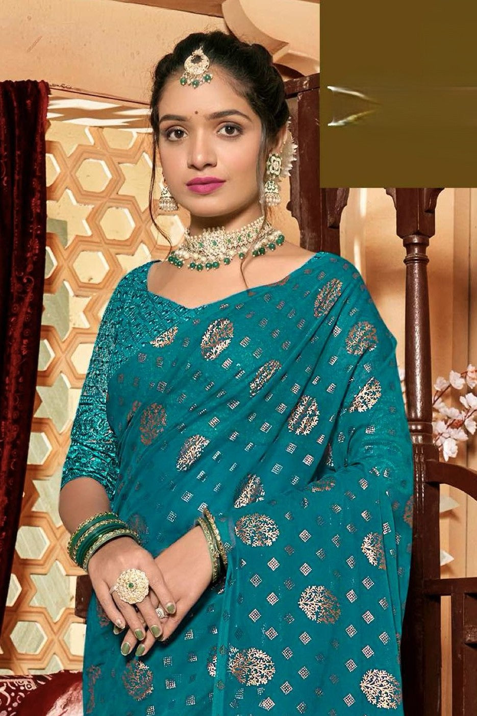 Rajnandini Dark Multicolor Moss Chiffon Saree with Net Blouse (8 Colours Available).