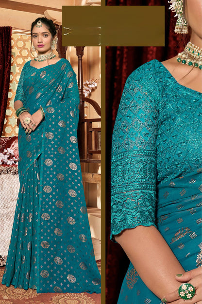 Rajnandini Dark Multicolor Moss Chiffon Saree with Net Blouse (8 Colours Available).