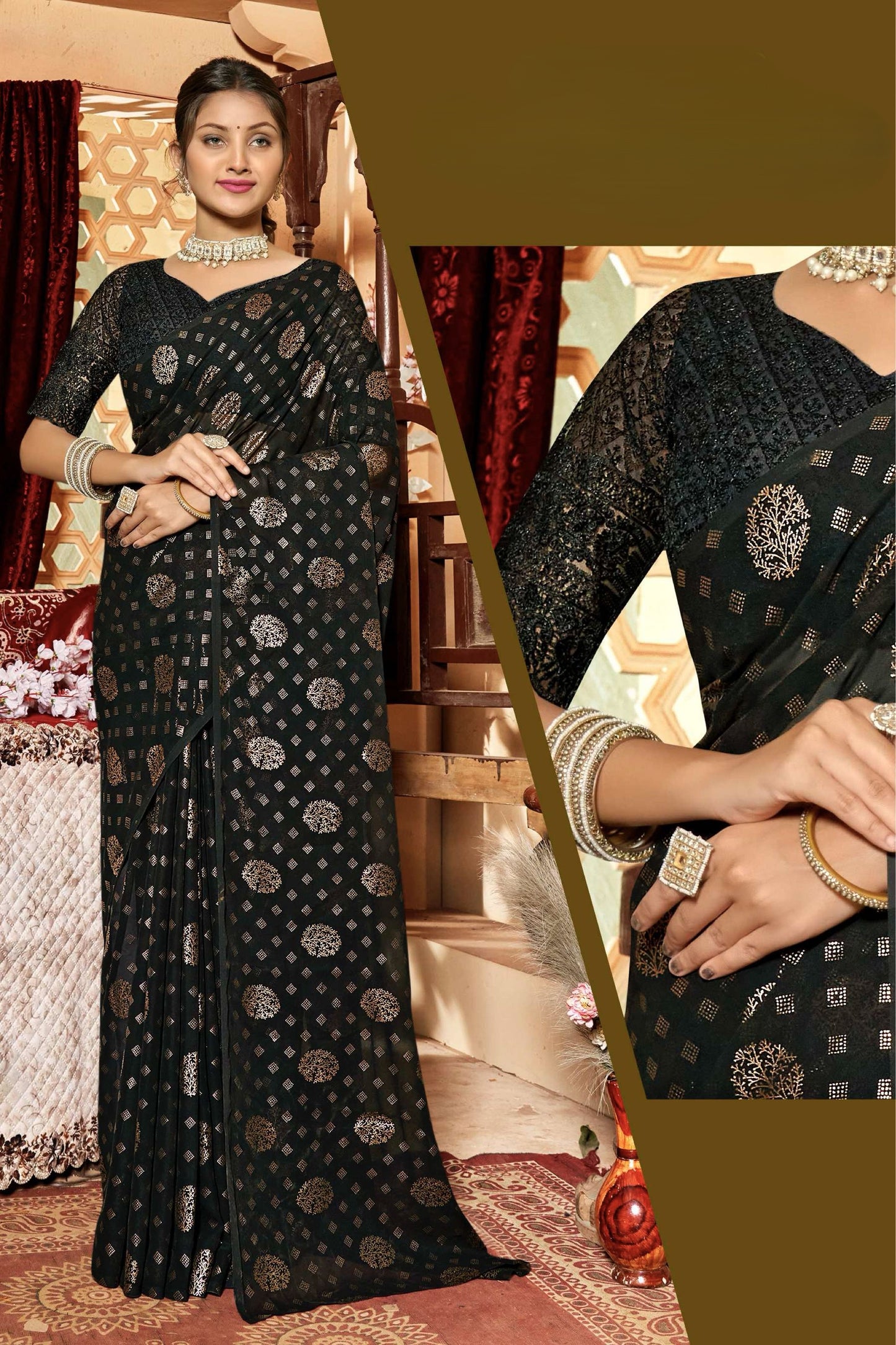 Rajnandini Dark Multicolor Moss Chiffon Saree with Net Blouse (8 Colours Available).