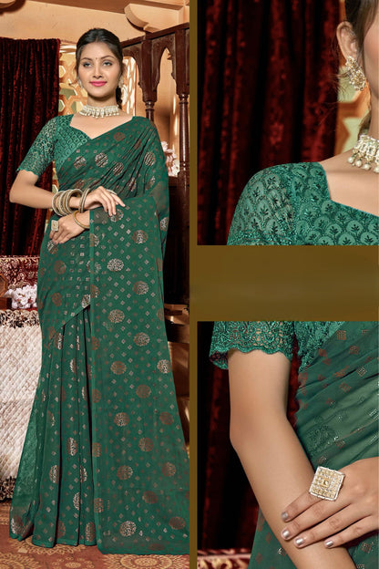 Rajnandini Dark Multicolor Moss Chiffon Saree with Net Blouse (8 Colours Available).