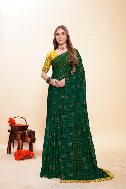 Bottle Green Saree with Work Blouse and Contrast Matching