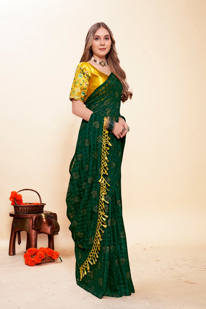 Bottle Green Saree with Work Blouse and Contrast Matching